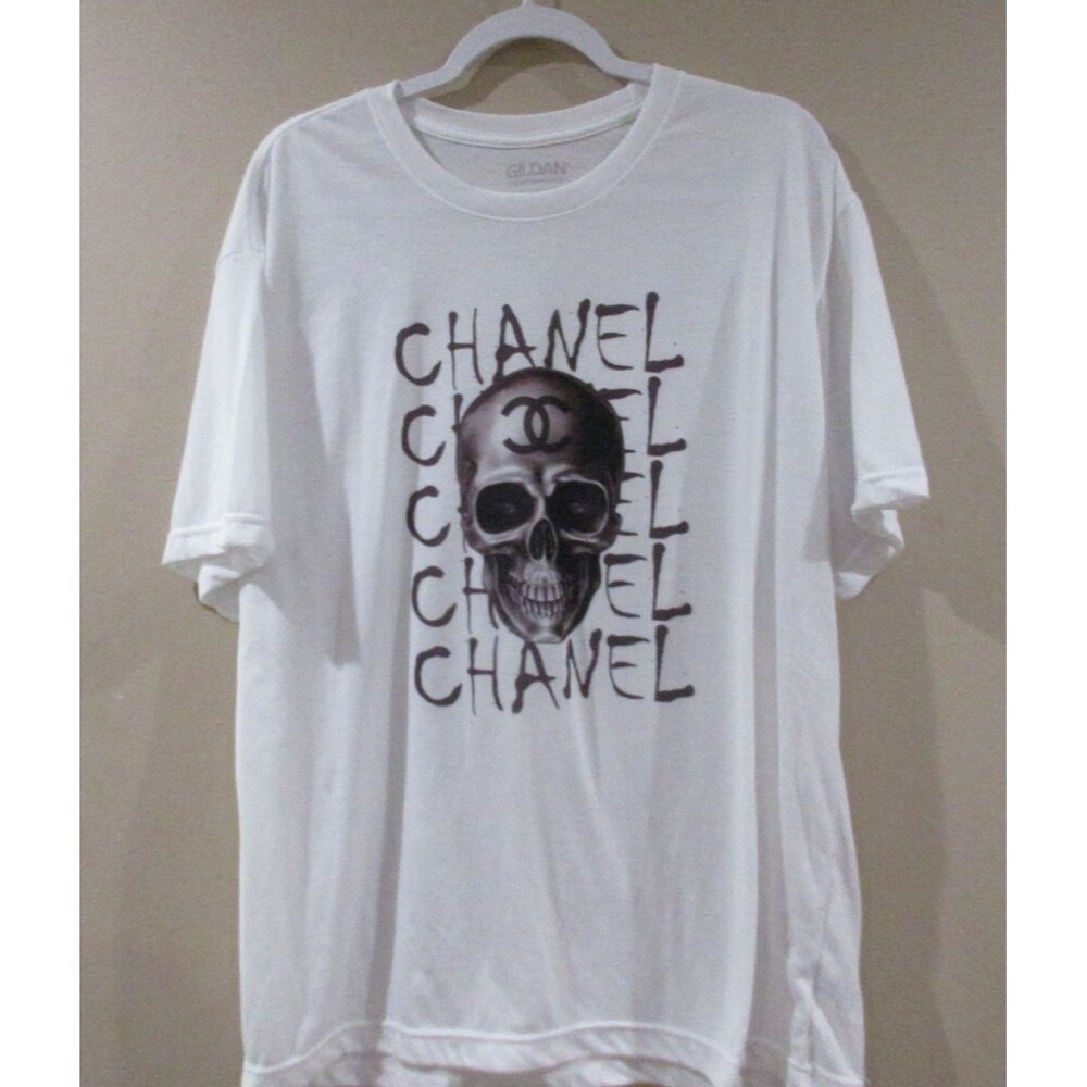 Chanel Graphic T-Shirt Unisex Large White Gildan Performance Skull